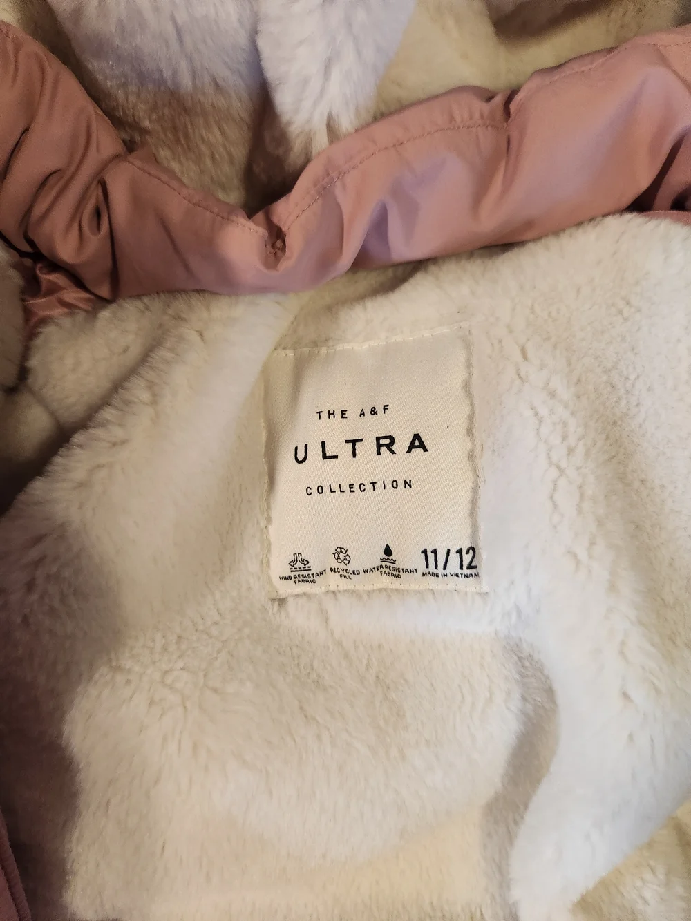 abercrombie kids Dusty Pink Puffer Jacket with Faux Fur Hood